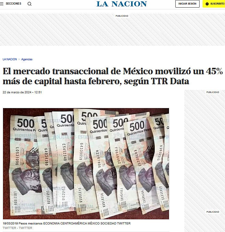 El mercado transaccional de Mxico moviliz un 45% ms de capital hasta febrero, segn TTR Data